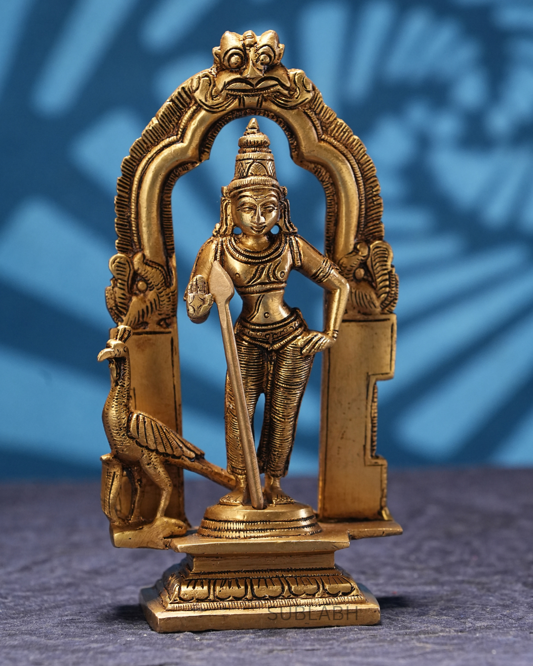 Sublabh Pure Brass Lord Kartikeya Idol – Majestic Murugan Swamy Statue with Divine Vel & Peacock Altar (7")