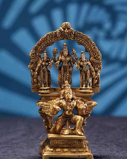 Sublabh Pure Brass Vishnu Sridevi & Bhudevi on Garuda Statue – Sacred Perumal Divine Trio Altar