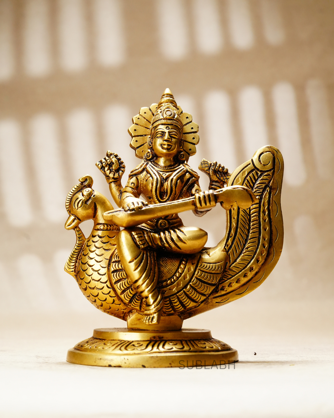 Sublabh Pure Brass Goddess Saraswati Idol – Handcrafted Sitting Veena & Kamal Statue for Wisdom, Arts & Learning