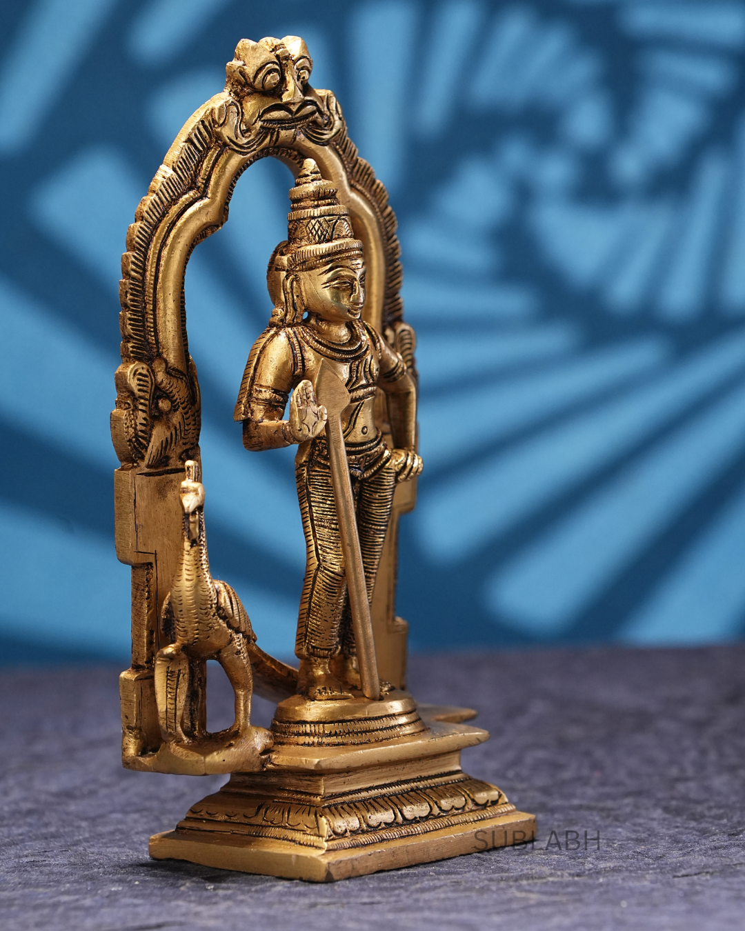 Sublabh Pure Brass Lord Kartikeya Idol – Majestic Murugan Swamy Statue with Divine Vel & Peacock Altar (7")