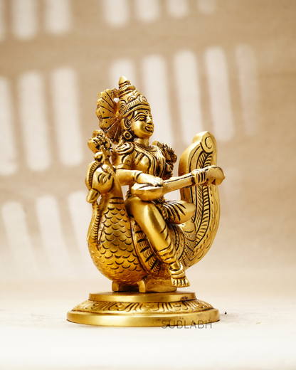 Sublabh Pure Brass Goddess Saraswati Idol – Handcrafted Sitting Veena & Kamal Statue for Wisdom, Arts & Learning
