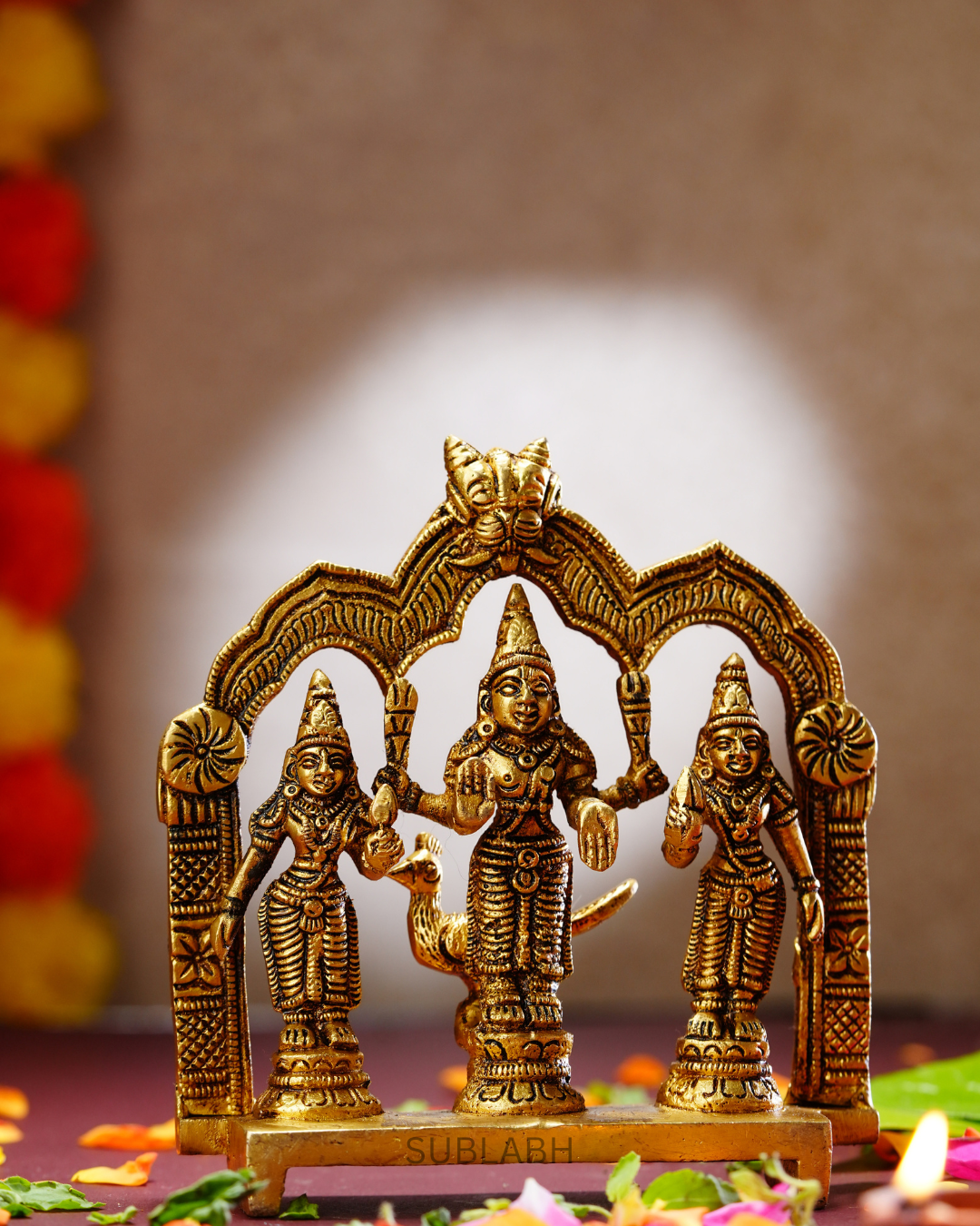 Sublabh Pure Brass Lord Murugan Set with Valli & Deivanai – Handcrafted Tamil God Skanda Altar Statue (5")